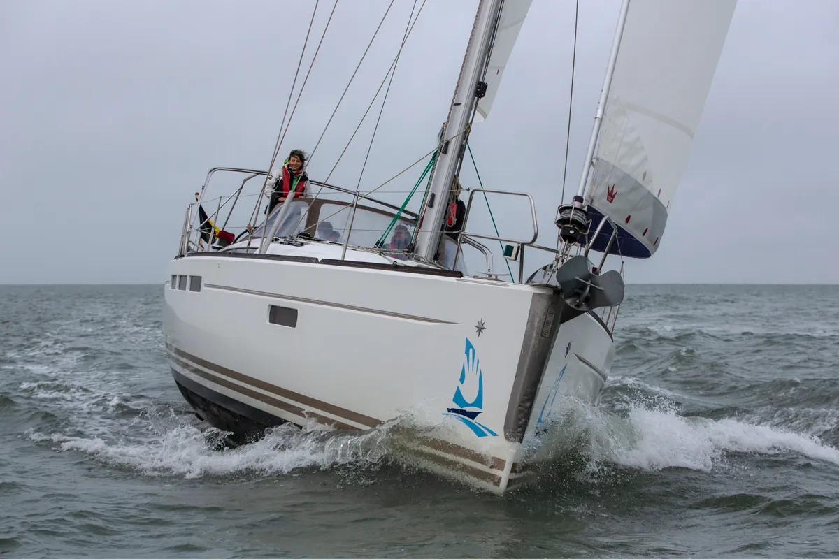 Exterior view of Five O, a Jeanneau Sun Odyssey 509 sailboat at Nieuwpoort, Belgium