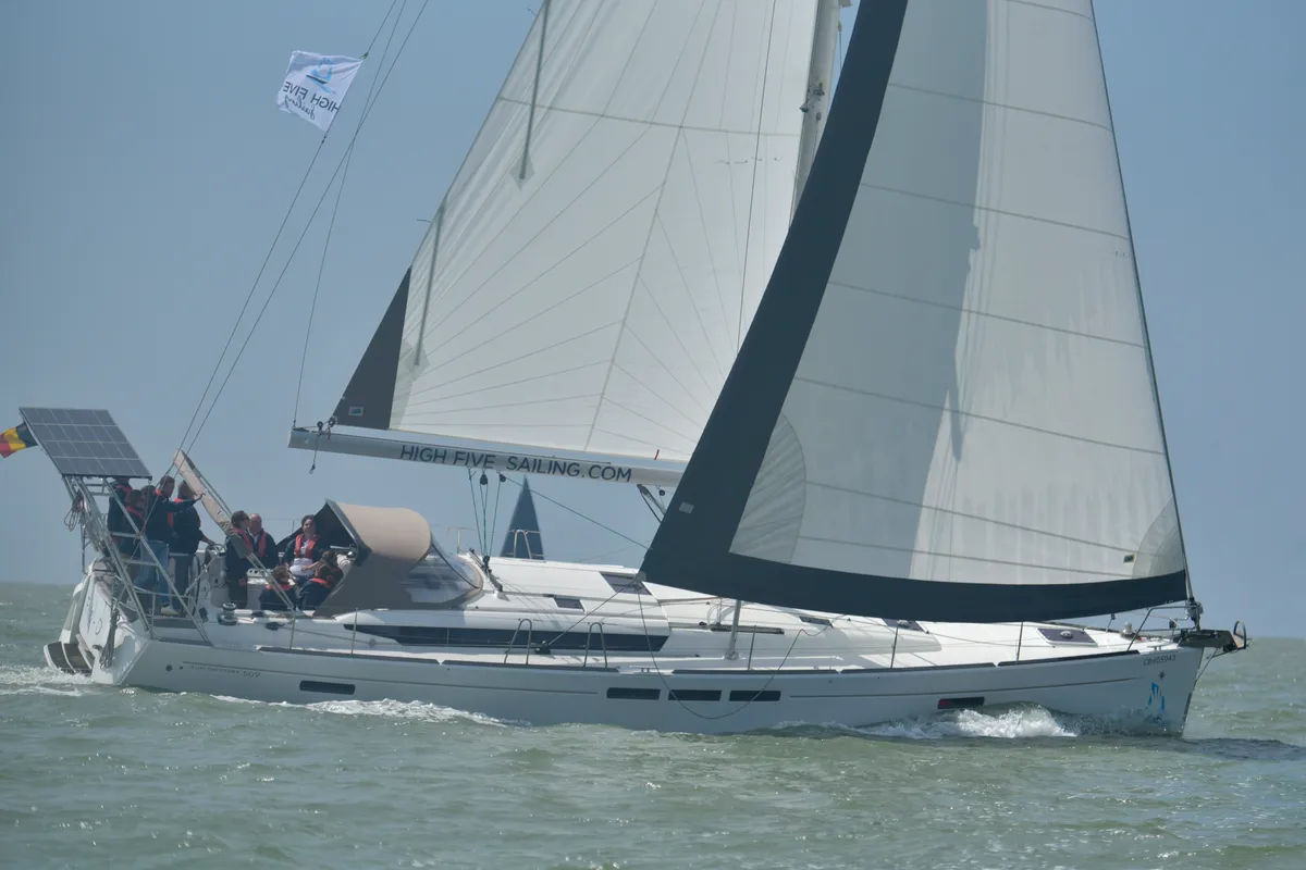 Exterior view of Five O, a Jeanneau Sun Odyssey 509 sailboat at Nieuwpoort, Belgium