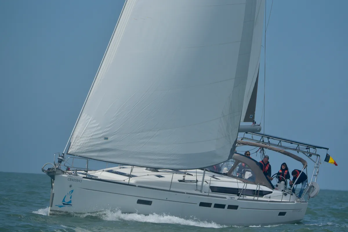 Exterior view of Five O, a Jeanneau Sun Odyssey 509 sailboat at Nieuwpoort, Belgium