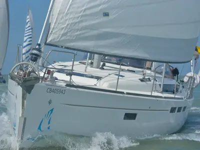 Exterior view of Five O, a Jeanneau Sun Odyssey 509 sailboat at Nieuwpoort, Belgium