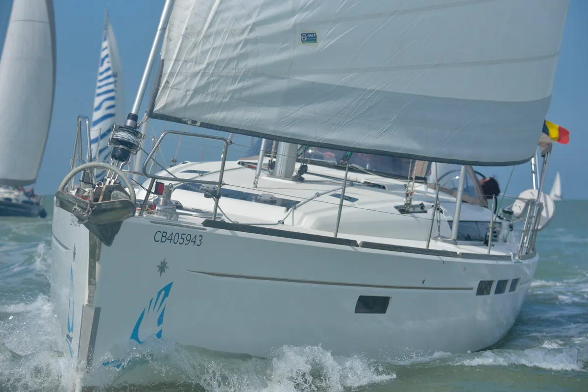 Exterior view of Five O, a Jeanneau Sun Odyssey 509 sailboat at Nieuwpoort, Belgium