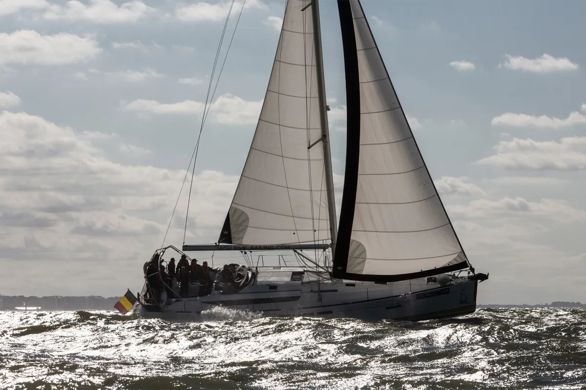 Exterior view of Five O, a Jeanneau Sun Odyssey 509 sailboat at Nieuwpoort, Belgium