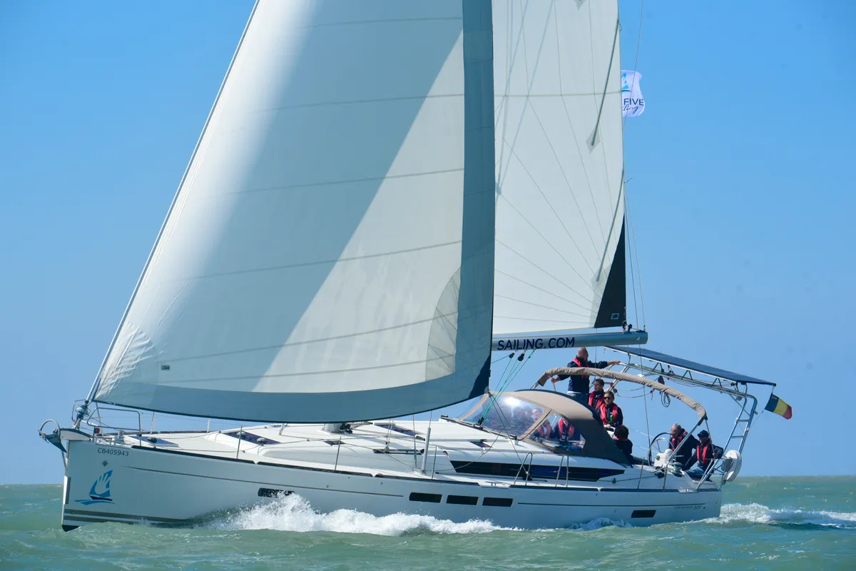 Exterior view of Five O, a Jeanneau Sun Odyssey 509 sailboat at Nieuwpoort, Belgium