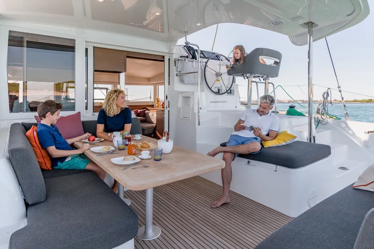 Deck of Geo, a Lagoon 40 catamaran at Puntone di Scarlino, Italy