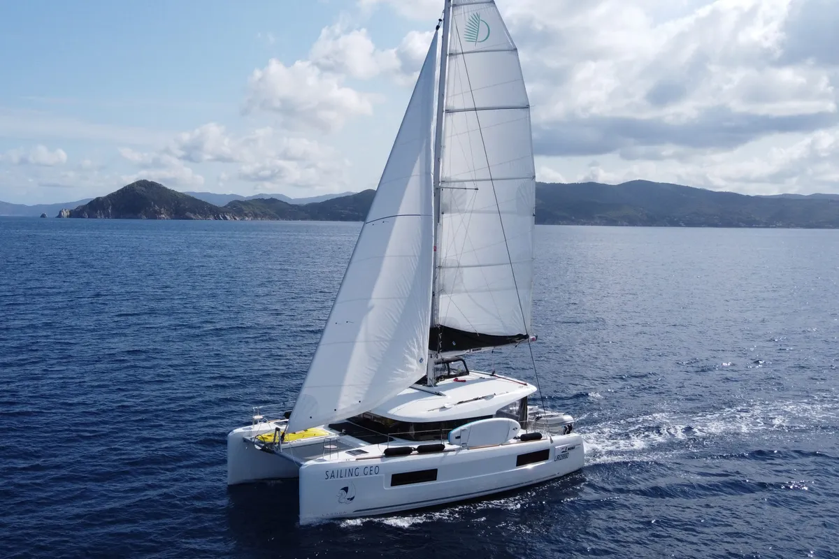 Exterior view of Geo, a Lagoon 40 catamaran at Puntone di Scarlino, Italy