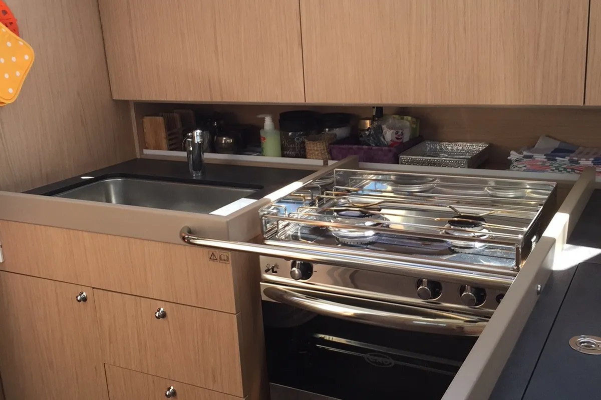 Galley of Tenuta delle Ripalte, a Beneteau Oceanis 41.1 sailboat at Cecina, Italy