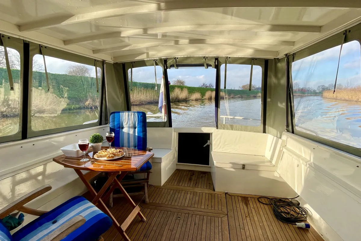 Deck of Pollux, a Barkas 1080 motorboat at Heukelum, Netherlands