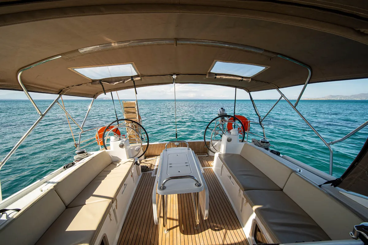 Cockpit of Aethra, a Jeanneau Sun Odyssey 519 sailboat at Athens, Greece