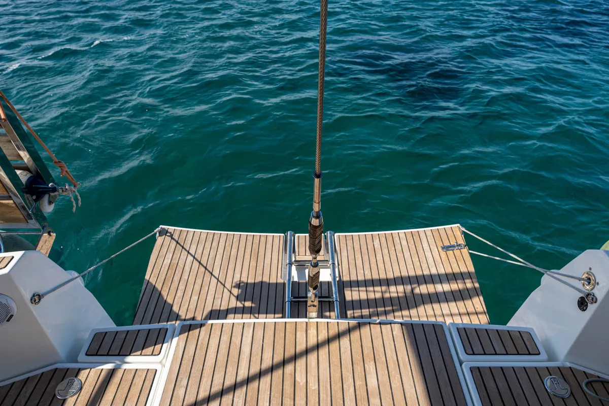 Deck of Aethra, a Jeanneau Sun Odyssey 519 sailboat at Athens, Greece