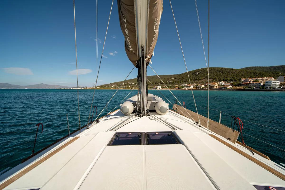 Deck of Aethra, a Jeanneau Sun Odyssey 519 sailboat at Athens, Greece