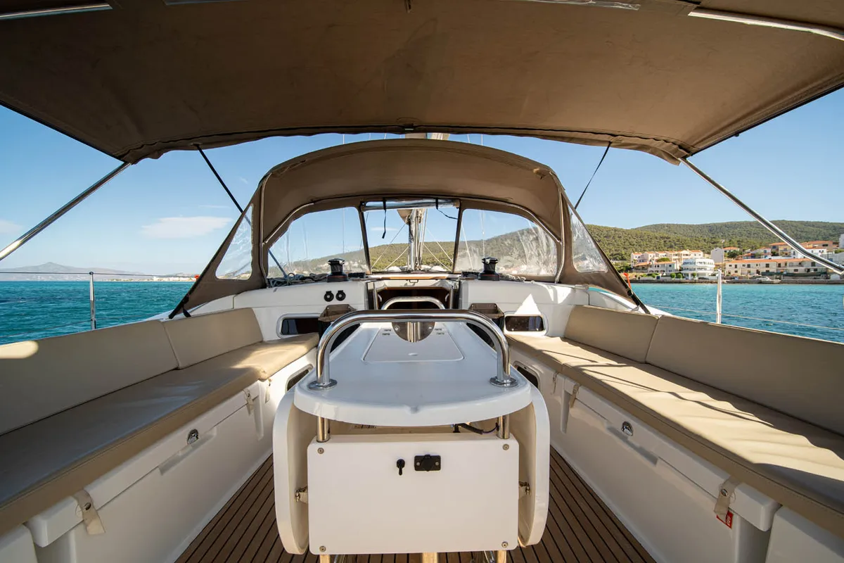Cockpit of Aethra, a Jeanneau Sun Odyssey 519 sailboat at Athens, Greece