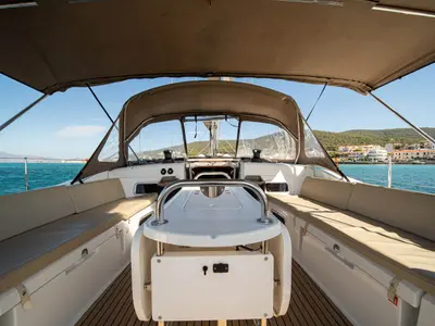 Cockpit of Aethra, a Jeanneau Sun Odyssey 519 sailboat at Athens, Greece