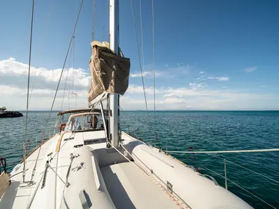 Deck of Aethra, a Jeanneau Sun Odyssey 519 sailboat at Athens, Greece