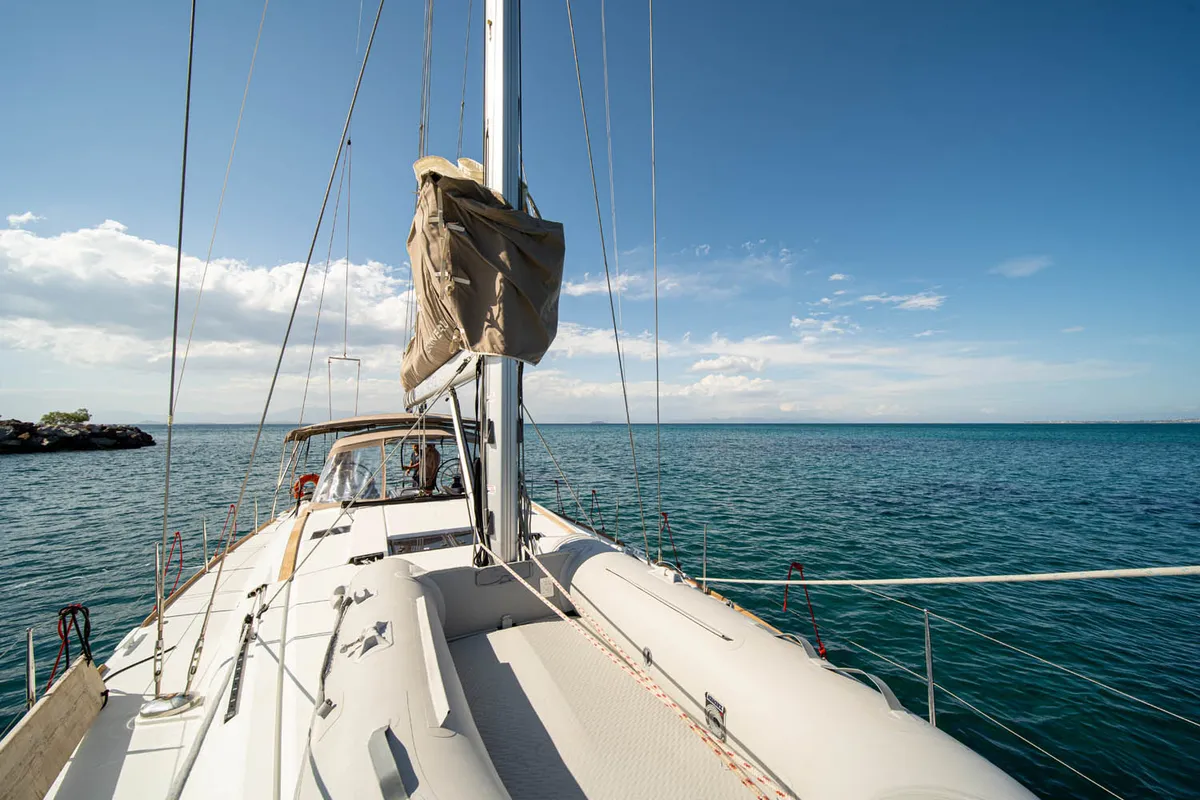 Deck of Aethra, a Jeanneau Sun Odyssey 519 sailboat at Athens, Greece