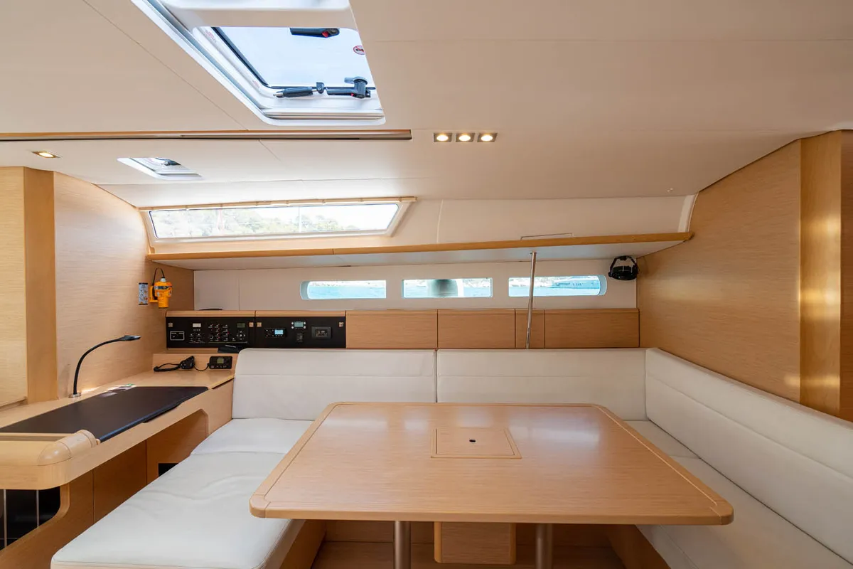 Salon of Aethra, a Jeanneau Sun Odyssey 519 sailboat at Athens, Greece