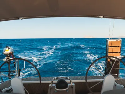Cockpit of Ioli, a Bavaria 46 Cruiser sailboat at Athens, Greece