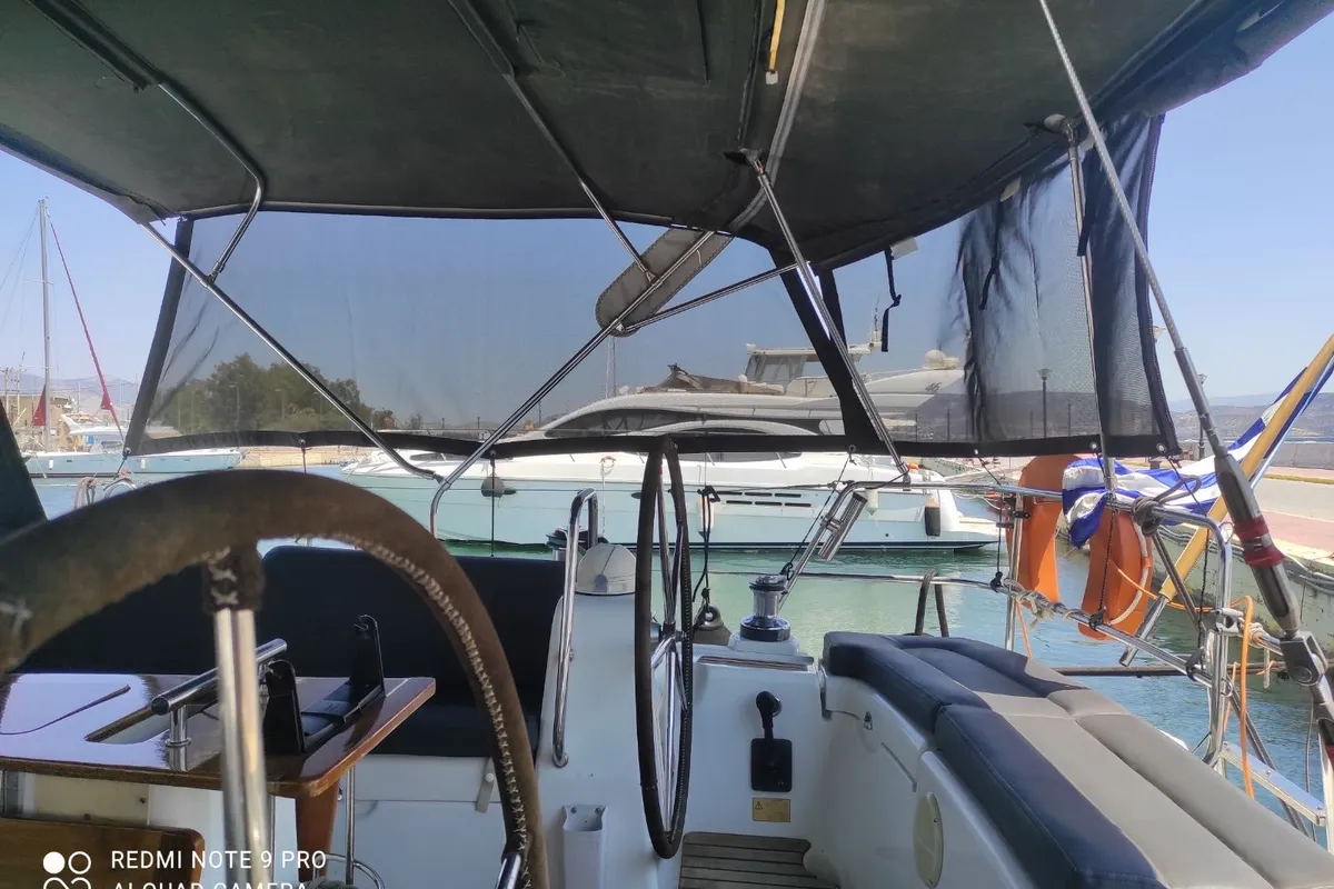 Cockpit of Valasia, a Beneteau Oceanis 54 sailboat at Municipal Unit of Elefsina, Greece