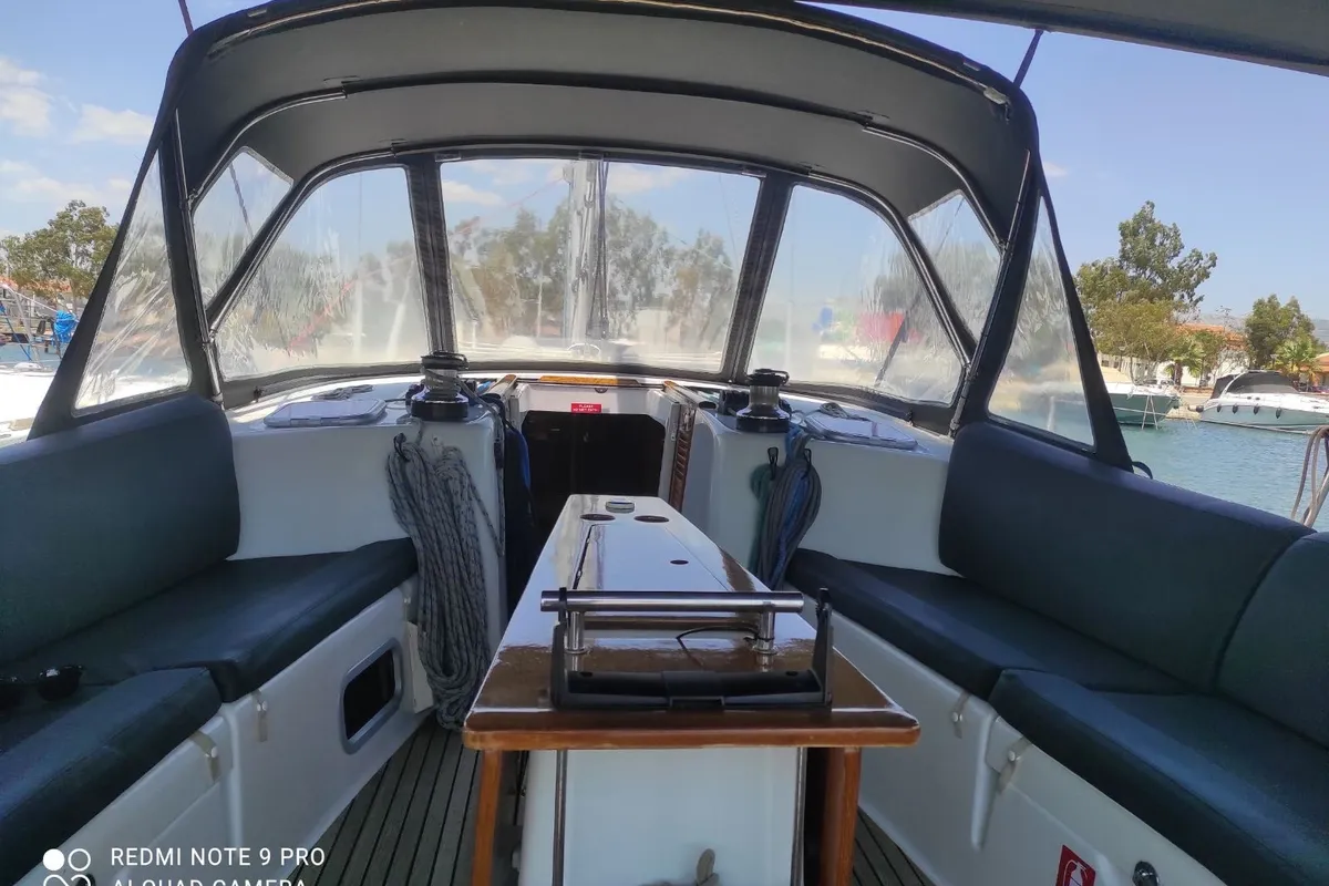 Cockpit of Valasia, a Beneteau Oceanis 54 sailboat at Municipal Unit of Elefsina, Greece