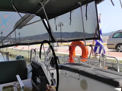 Cockpit of Valasia, a Beneteau Oceanis 54 sailboat at Municipal Unit of Elefsina, Greece