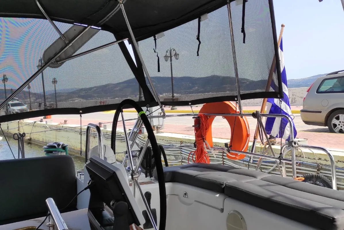 Cockpit of Valasia, a Beneteau Oceanis 54 sailboat at Municipal Unit of Elefsina, Greece