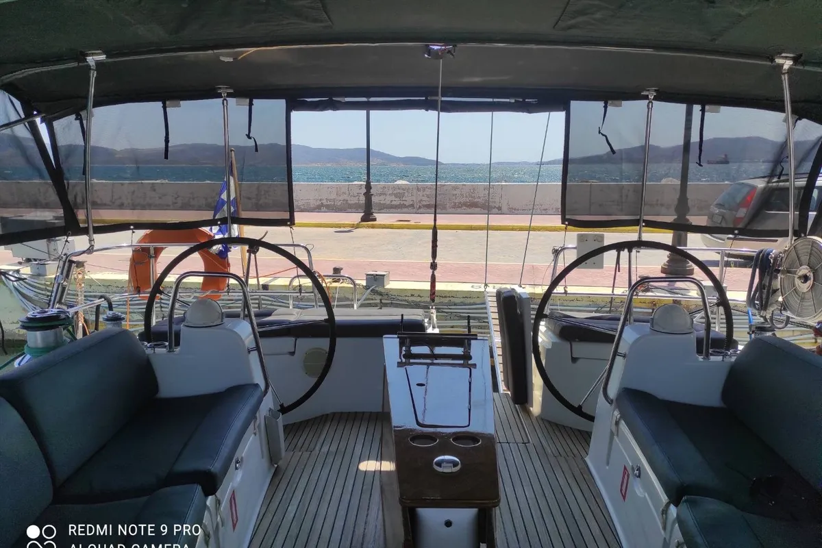 Cockpit of Valasia, a Beneteau Oceanis 54 sailboat at Municipal Unit of Elefsina, Greece