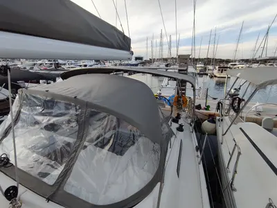Deck of Astrea, a Hanse 458 sailboat at Lavrion, Greece