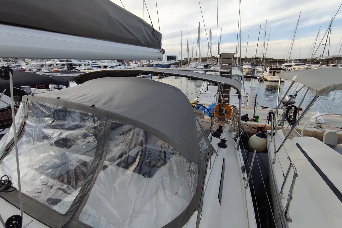 Deck of Astrea, a Hanse 458 sailboat at Lavrion, Greece