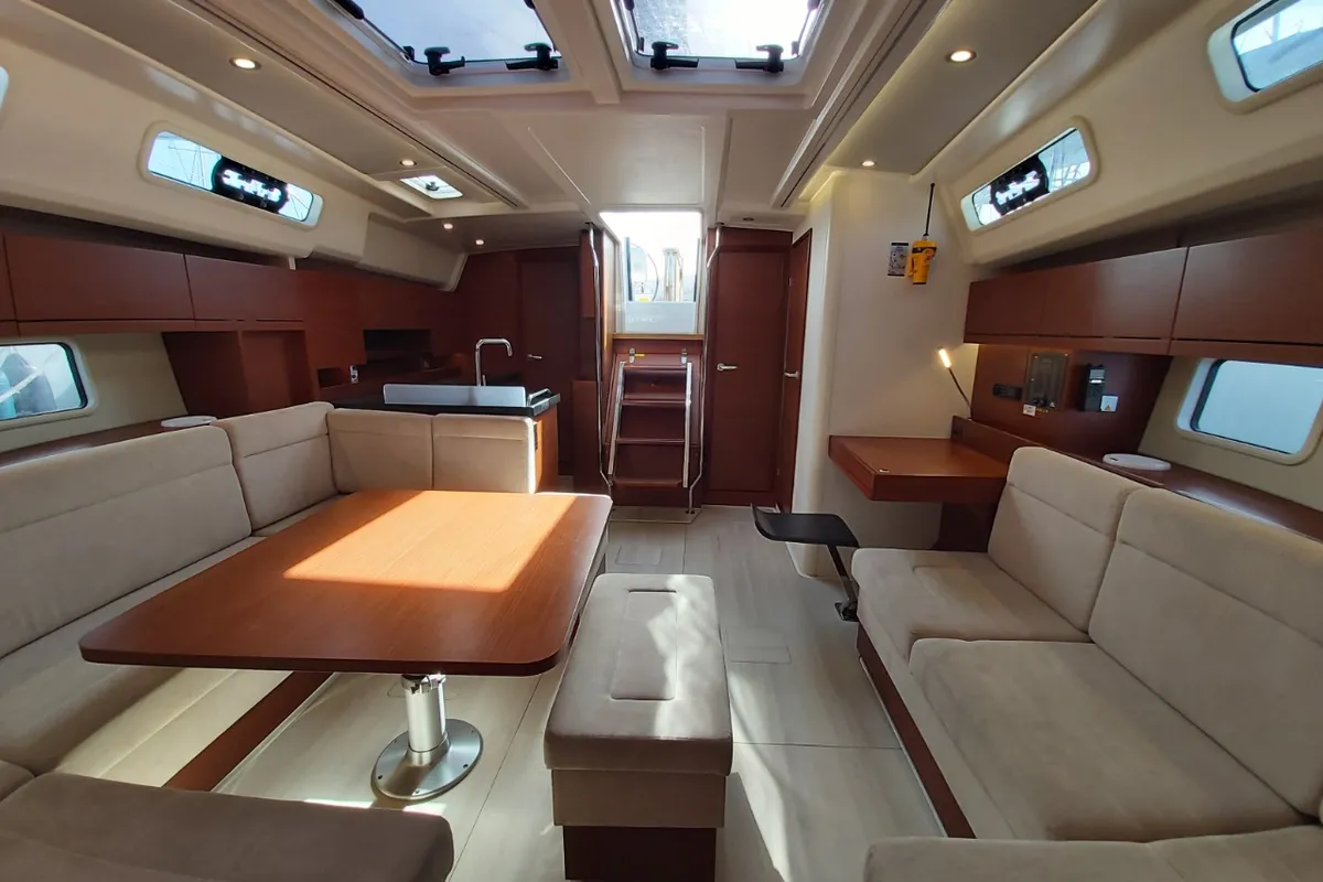 Salon of Astrea, a Hanse 458 sailboat at Lavrion, Greece