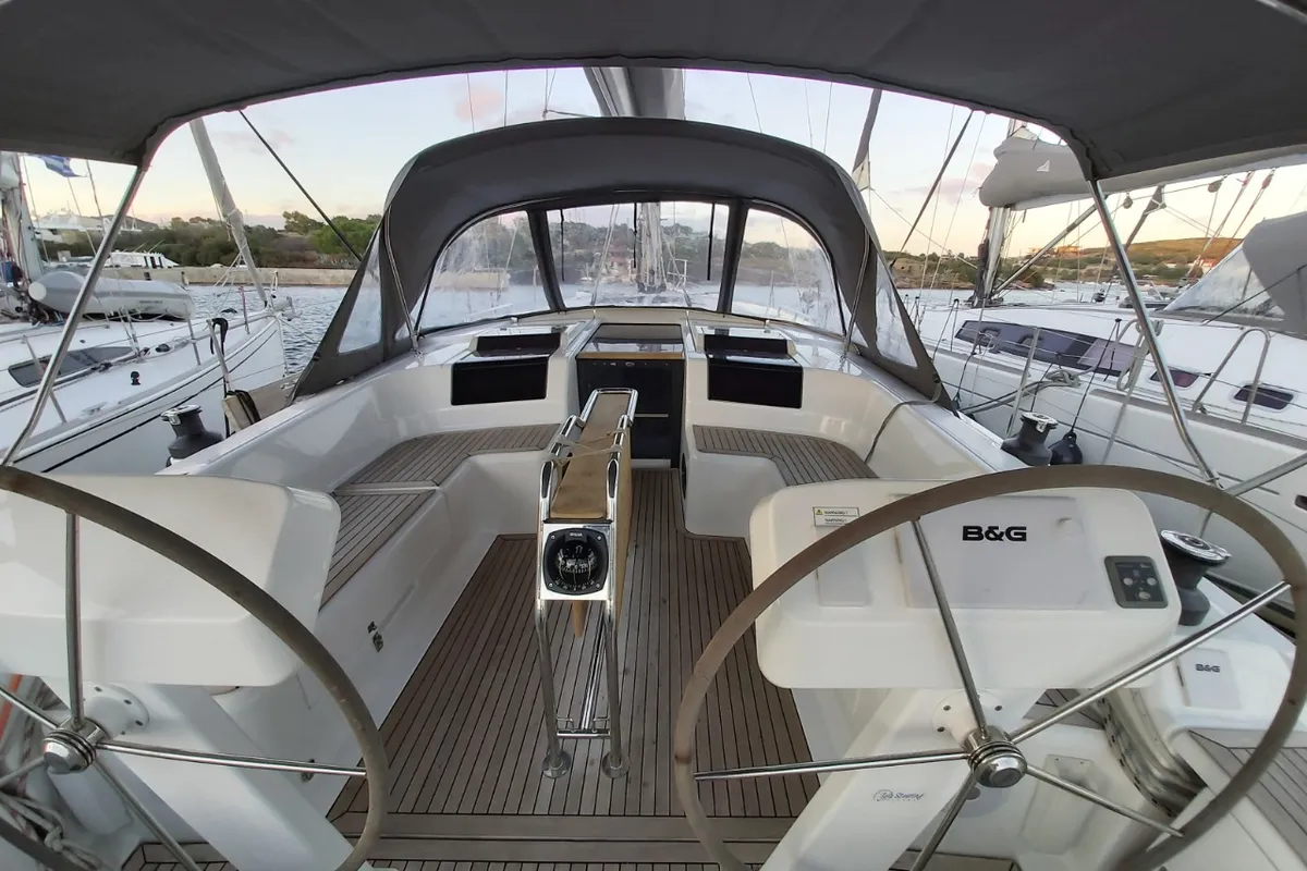 Cockpit of Astrea, a Hanse 458 sailboat at Lavrion, Greece