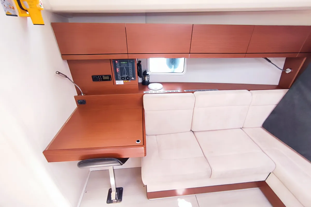 Salon of Astrea, a Hanse 458 sailboat at Lavrion, Greece