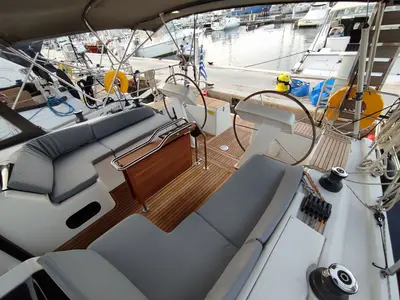 Cockpit of Astrea, a Hanse 458 sailboat at Lavrion, Greece