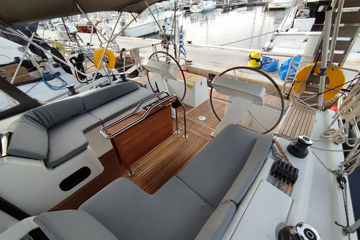 Cockpit of Astrea, a Hanse 458 sailboat at Lavrion, Greece