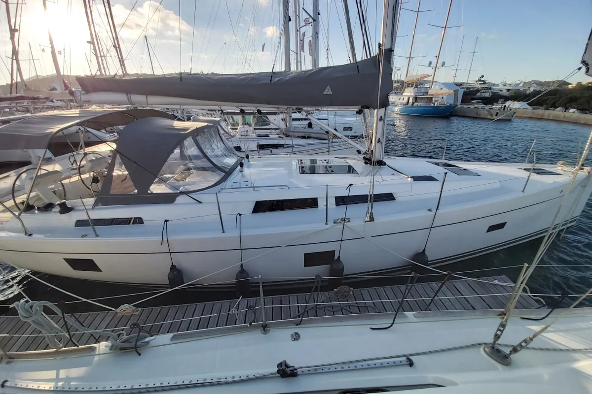 Exterior view of Astrea, a Hanse 458 sailboat at Lavrion, Greece