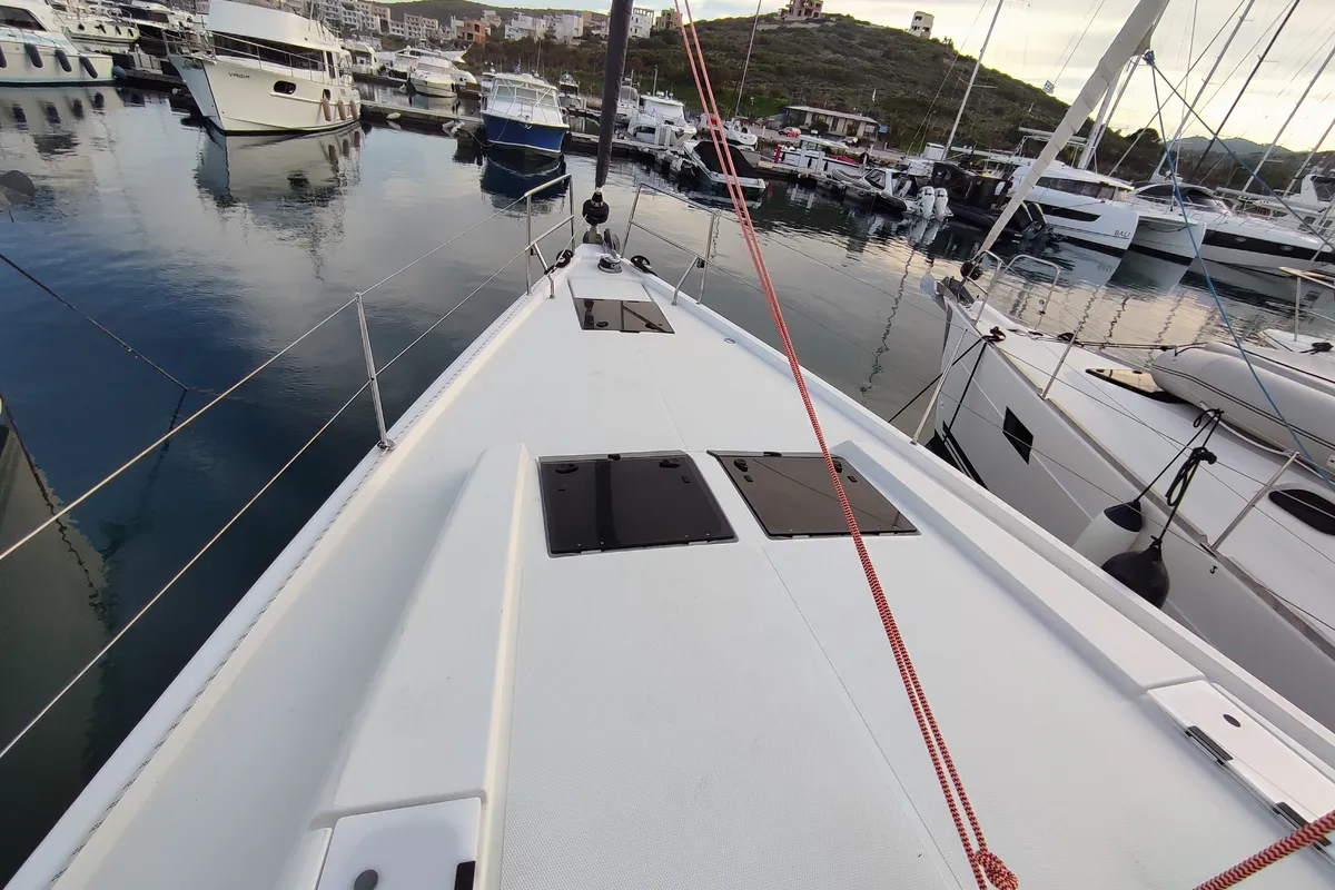 Deck of Astrea, a Hanse 458 sailboat at Lavrion, Greece