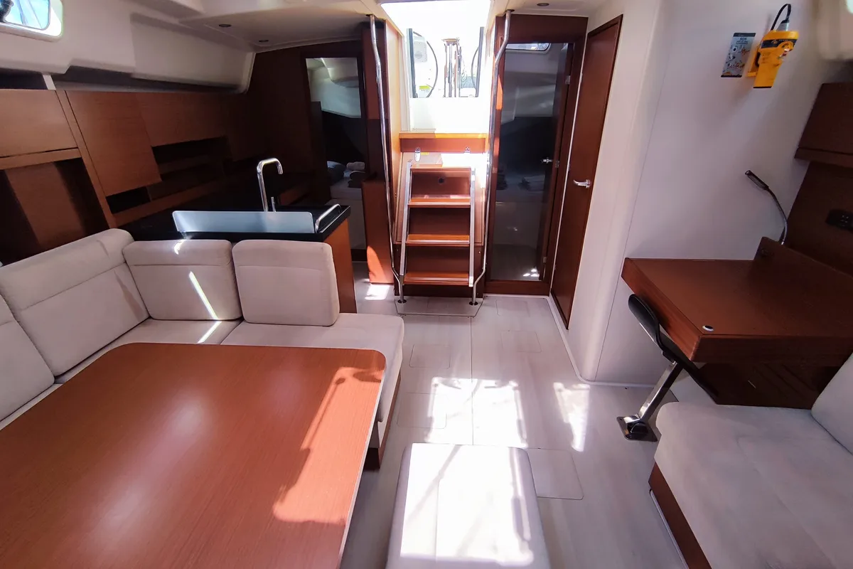 Salon of Astrea, a Hanse 458 sailboat at Lavrion, Greece