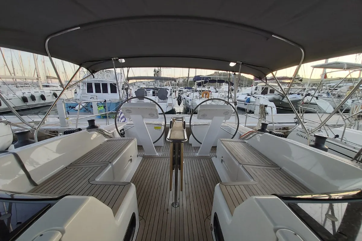 Cockpit of Astrea, a Hanse 458 sailboat at Lavrion, Greece