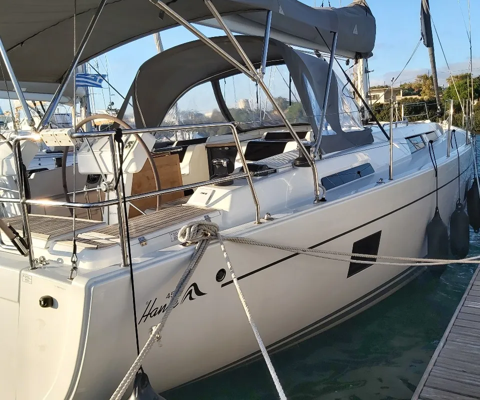 Exterior view of Astrea, a Hanse 458 sailboat at Lavrion, Greece