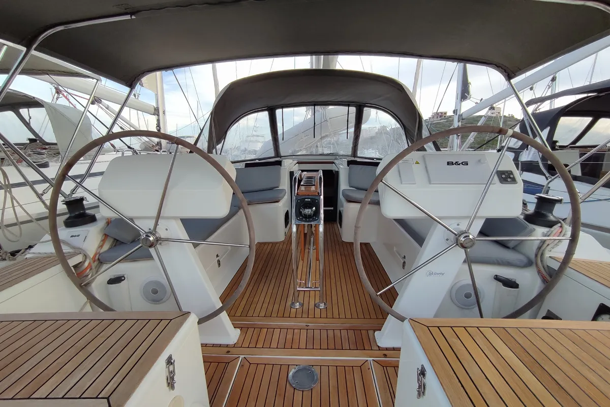 Cockpit of Astrea, a Hanse 458 sailboat at Lavrion, Greece