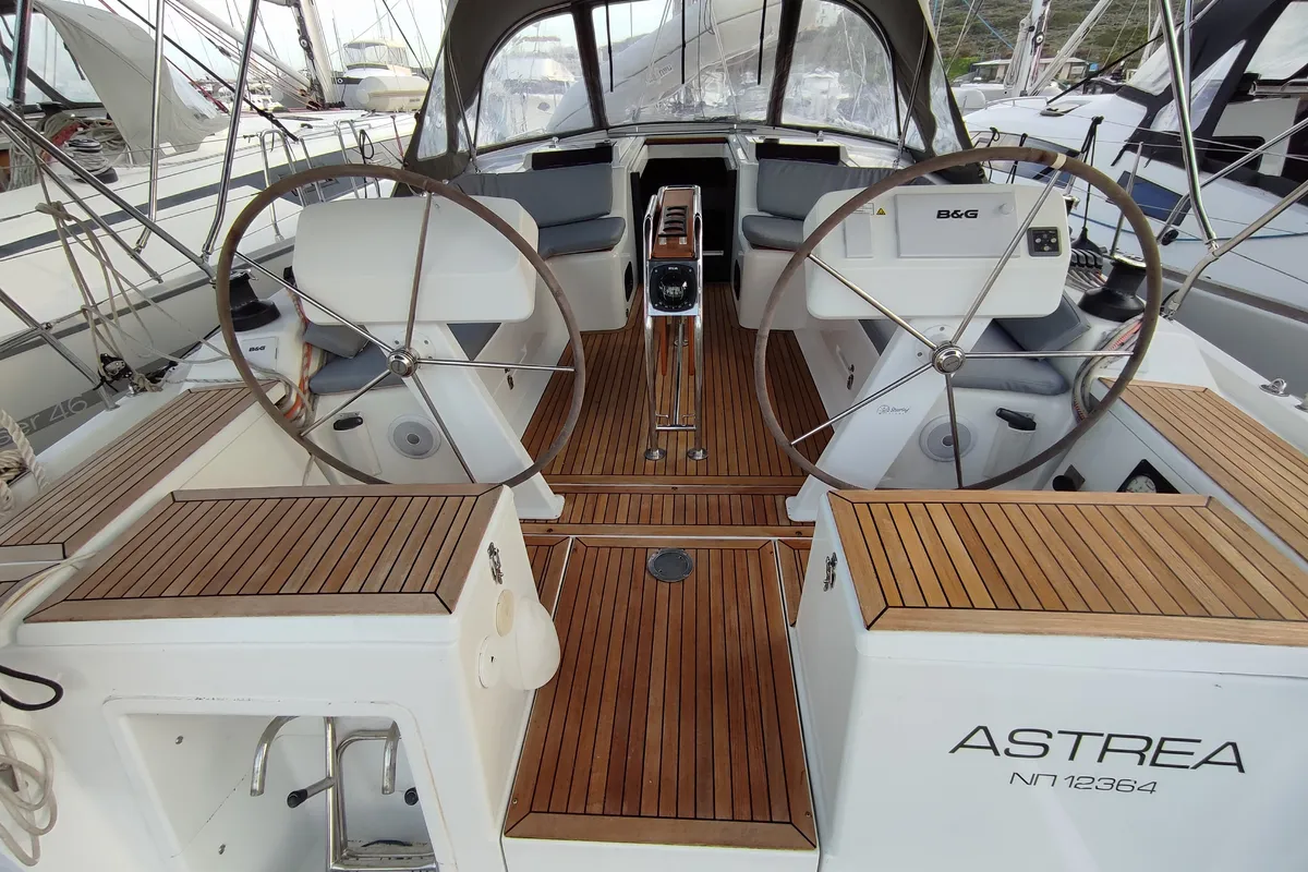 Cockpit of Astrea, a Hanse 458 sailboat at Lavrion, Greece