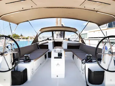 Cockpit of Lydia, a Jeanneau Sun Odyssey 490 sailboat at Lavreotiki Municipal Unit, Greece