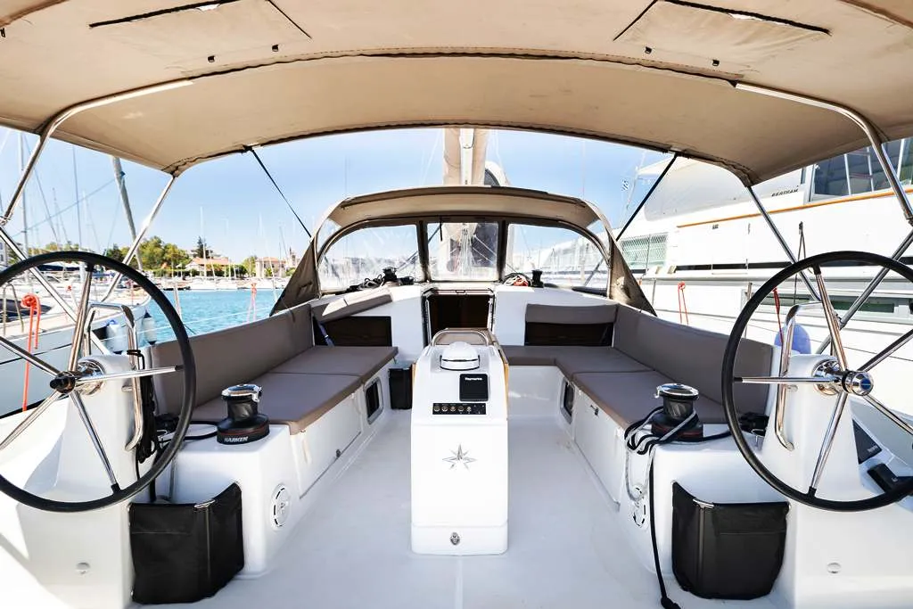 Cockpit of Lydia, a Jeanneau Sun Odyssey 490 sailboat at Lavreotiki Municipal Unit, Greece