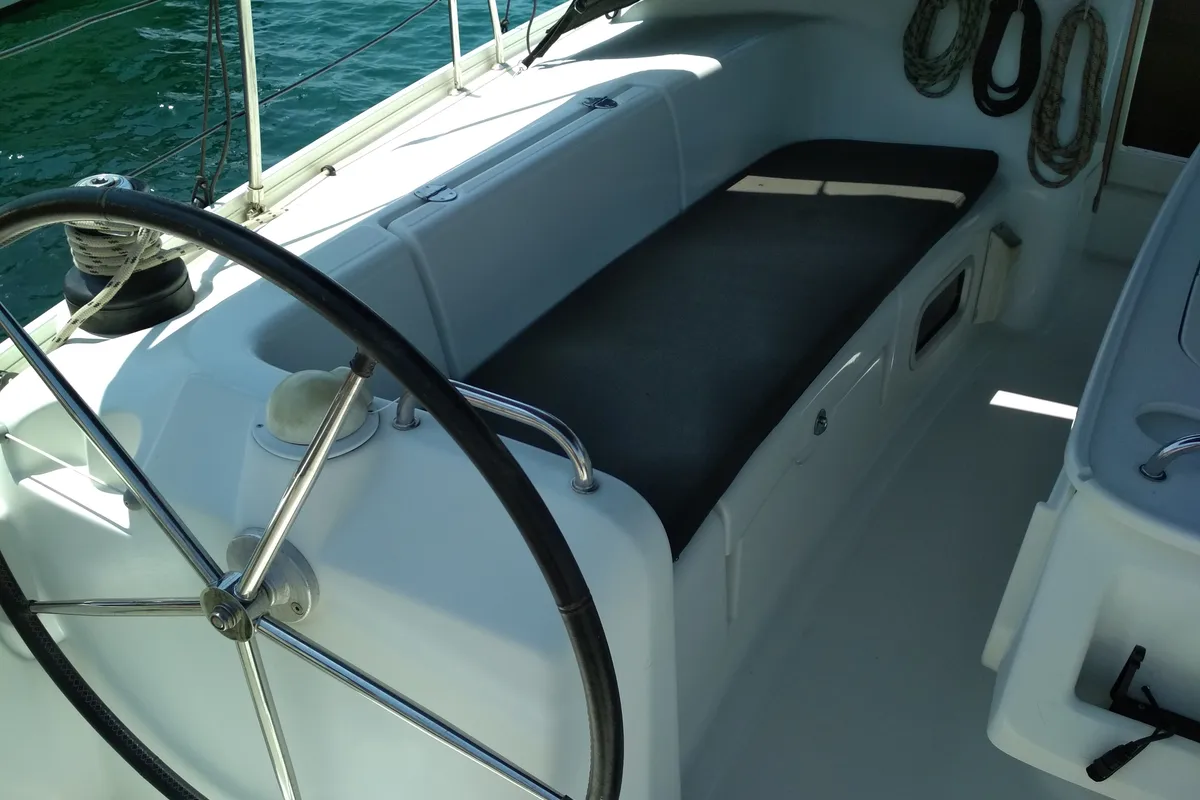 Cockpit of Barbera, a Beneteau Cyclades 43.4 sailboat at Volos, Greece