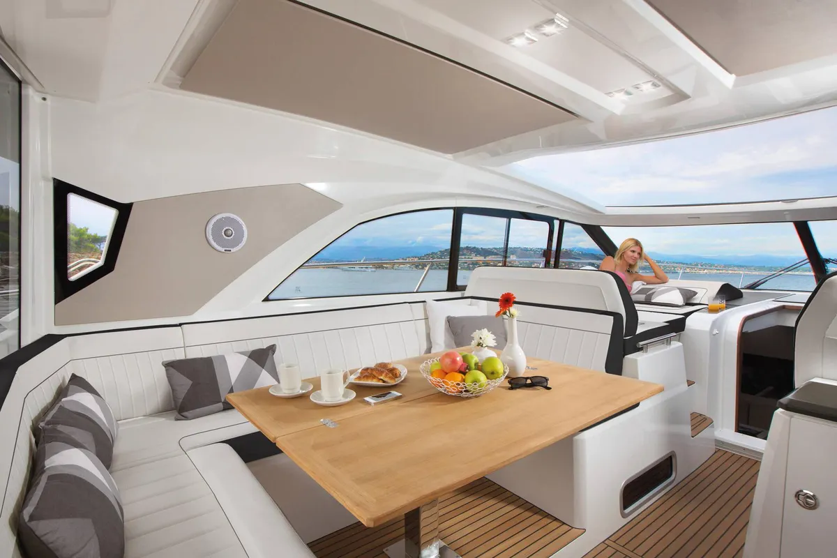 Deck of Giorgia, a Jeanneau Leader 46 motorboat at Bacoli, Italy