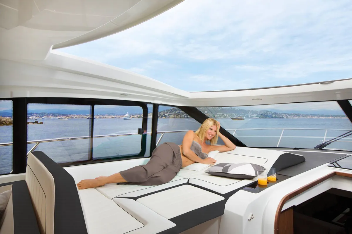 Deck of Giorgia, a Jeanneau Leader 46 motorboat at Bacoli, Italy