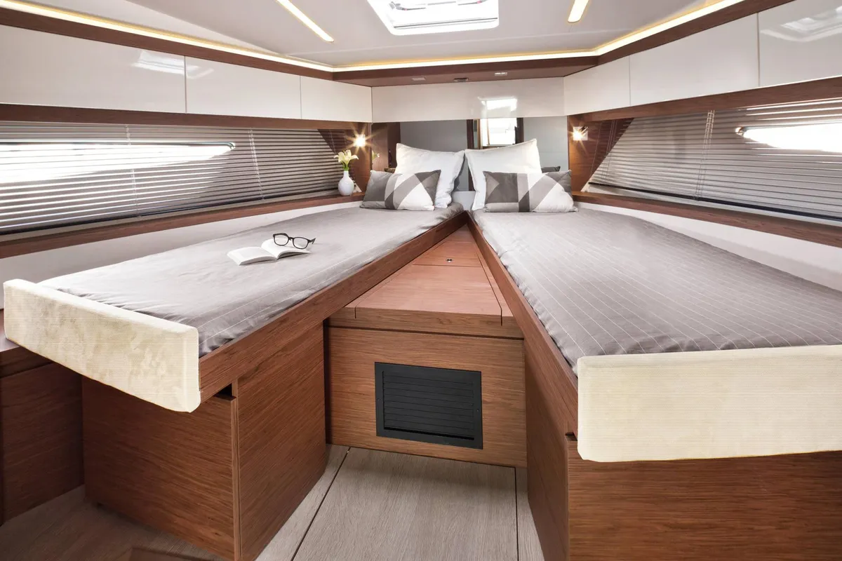Cabin on Giorgia, a Jeanneau Leader 46 motorboat at Bacoli, Italy