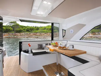 Deck of Giorgia, a Jeanneau Leader 46 motorboat at Bacoli, Italy