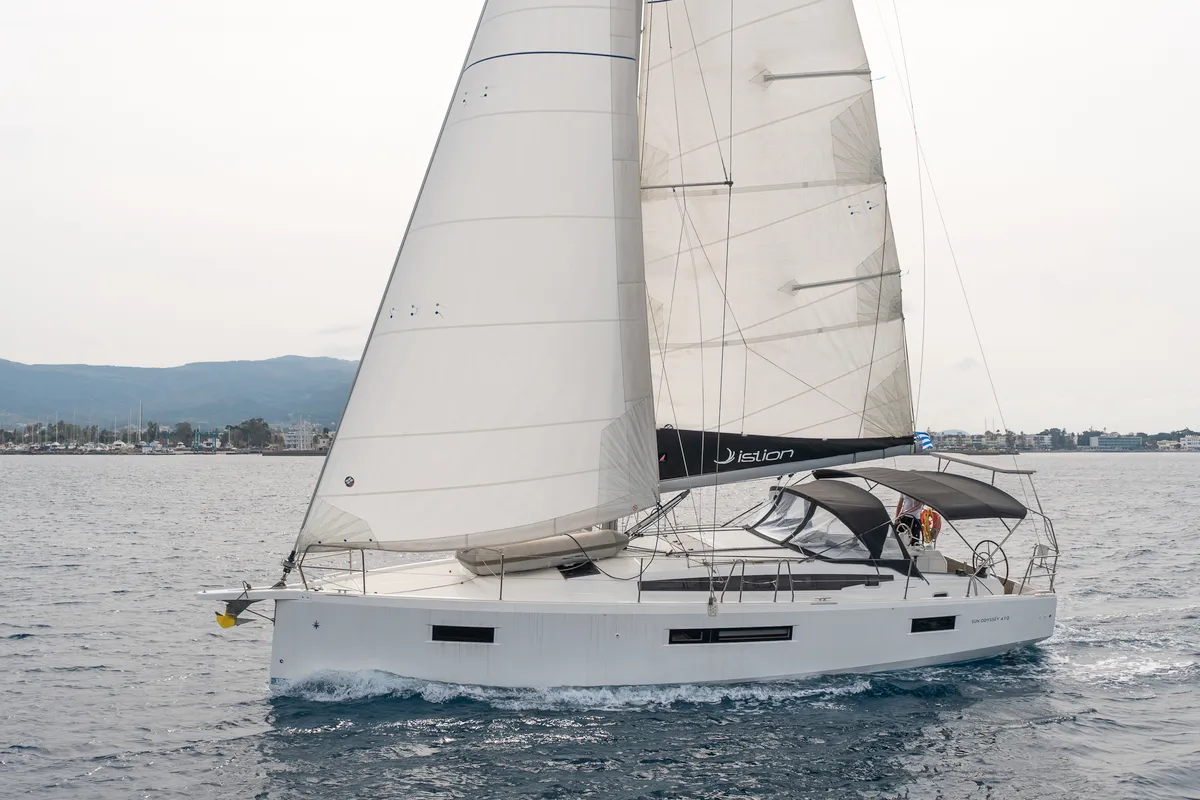 Exterior view of Geva X, a Jeanneau Sun Odyssey 410 sailboat at Kos, Greece