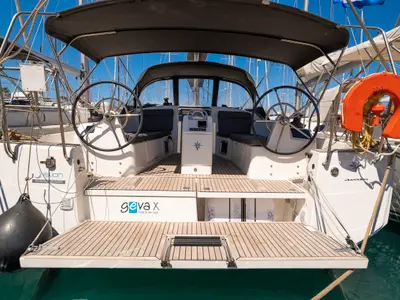 Cockpit of Geva X, a Jeanneau Sun Odyssey 410 sailboat at Kos, Greece