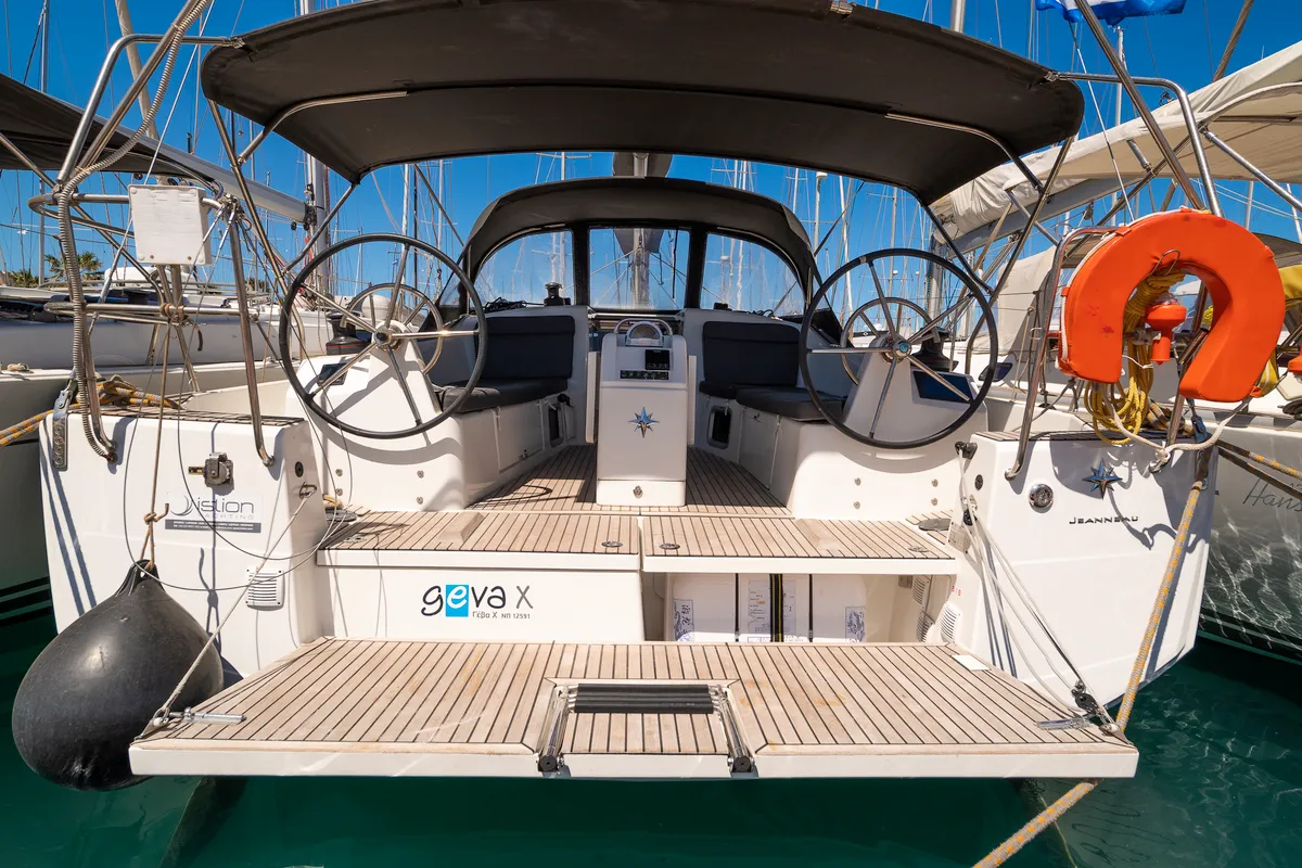 Cockpit of Geva X, a Jeanneau Sun Odyssey 410 sailboat at Kos, Greece