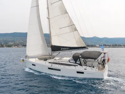 Exterior view of Geva X, a Jeanneau Sun Odyssey 410 sailboat at Kos, Greece